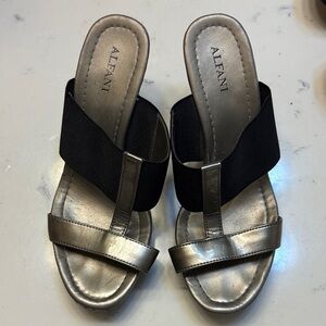 Alfani Silver Metallic Slide Sandals with Black Elastic Strap
